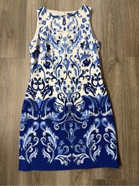 Lauren Ralph Lauren Size 8 Blue White Baroque Scroll Shift Dress Lined